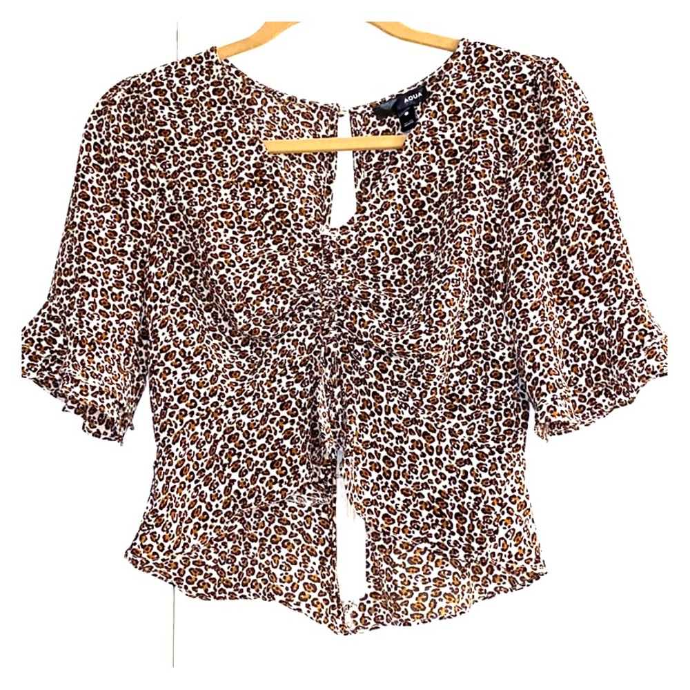 Aqua Leopard Shirred Crop Top with Ruffle Sleeves